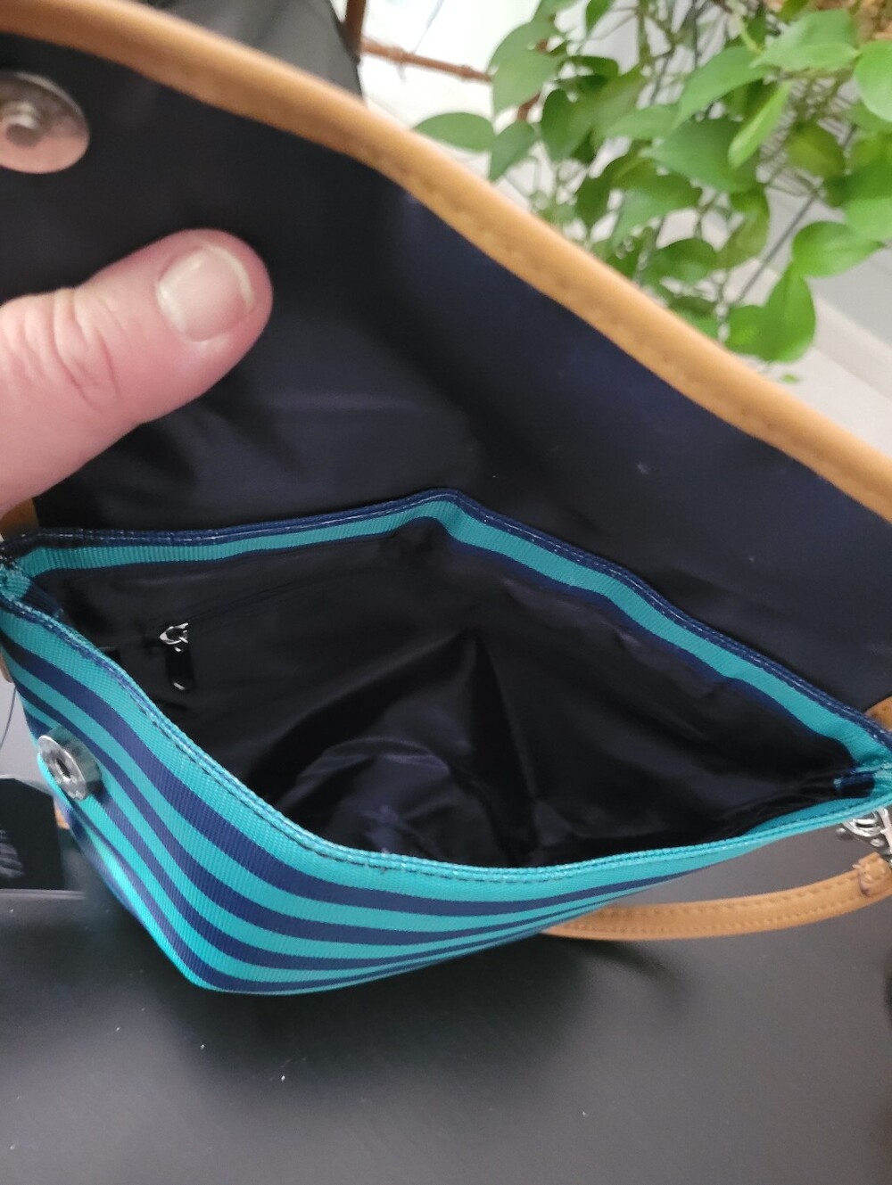 Nautica Teal & Navy Striped Crossbody with Tan Trim - Picture 6 of 6